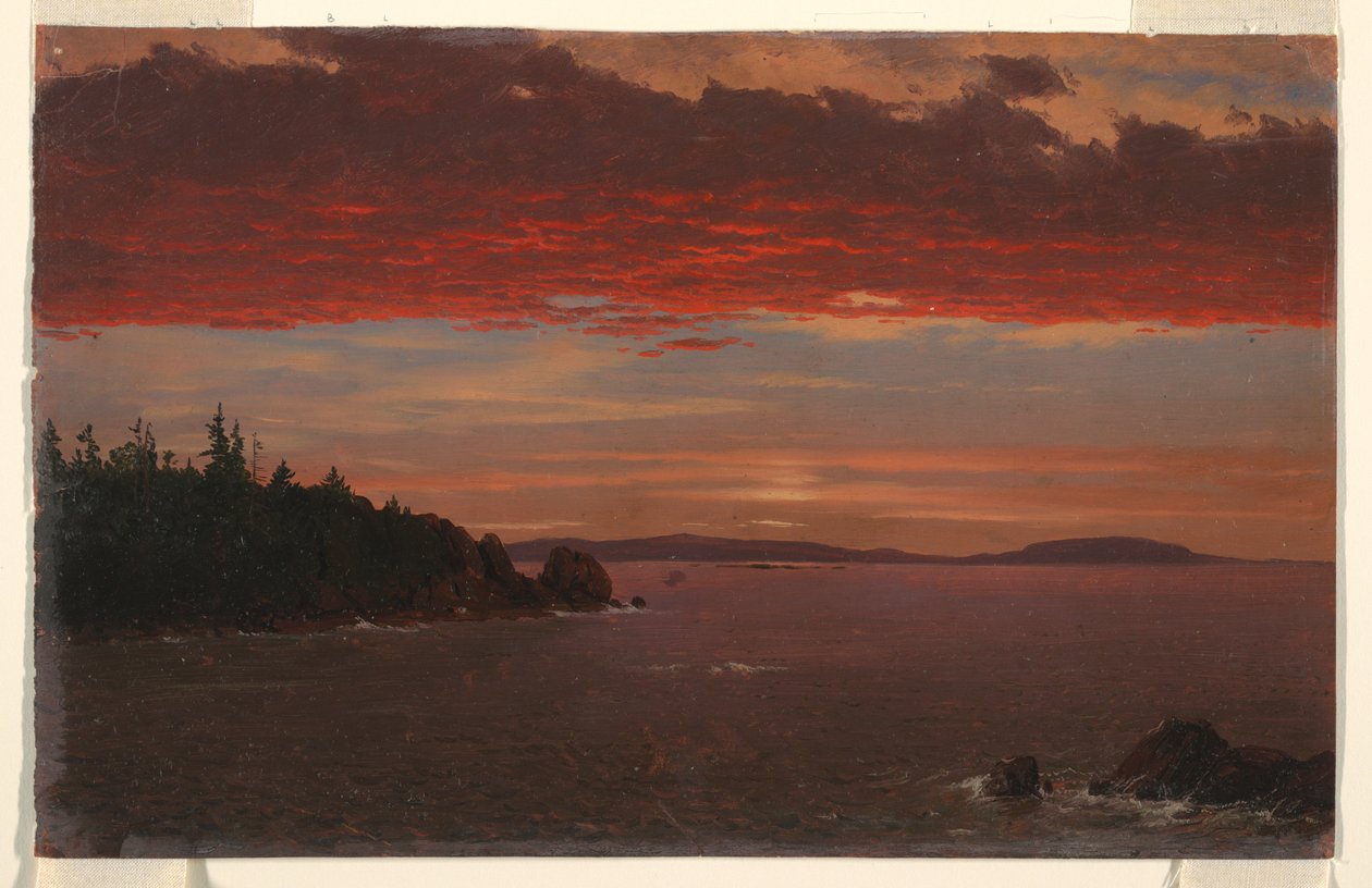 Tegning, Schoodic-halvøen fra Mount Desert ved solopgang, 1850-55 af Frederic Edwin Church