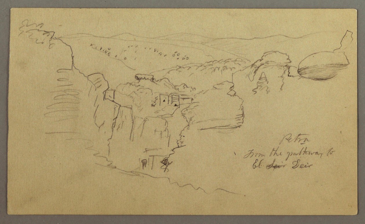 Tegning, skitse. Udsigt over Khirbet en Wasara "Petra / fra vejen til / El Deir", muligvis 1868, 26. februar. af Frederic Edwin Church