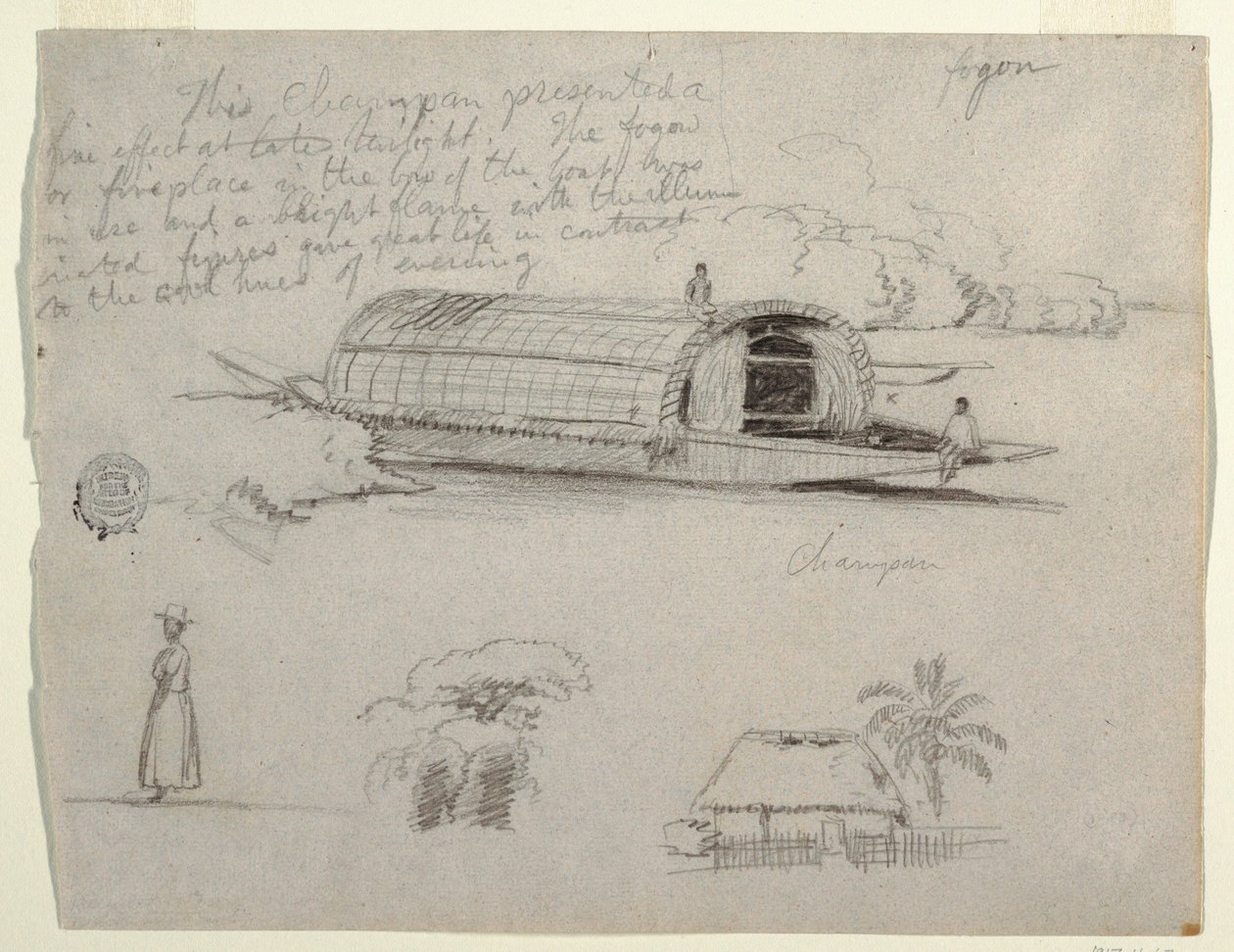 Tegning, Skitser fra Colombia - Flodfartøj (Champan), en kvinde, en gruppe træer, et hus af Frederic Edwin Church