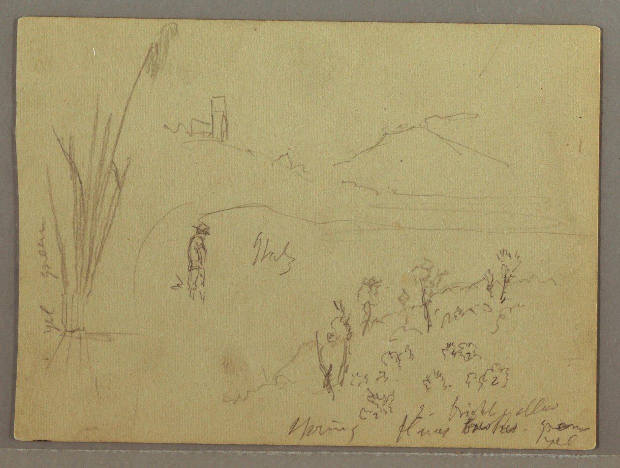 Tegning, Skitser fra Italien: Bygning med tårn, bjerg og menneske, 29. april 1869 af Frederic Edwin Church