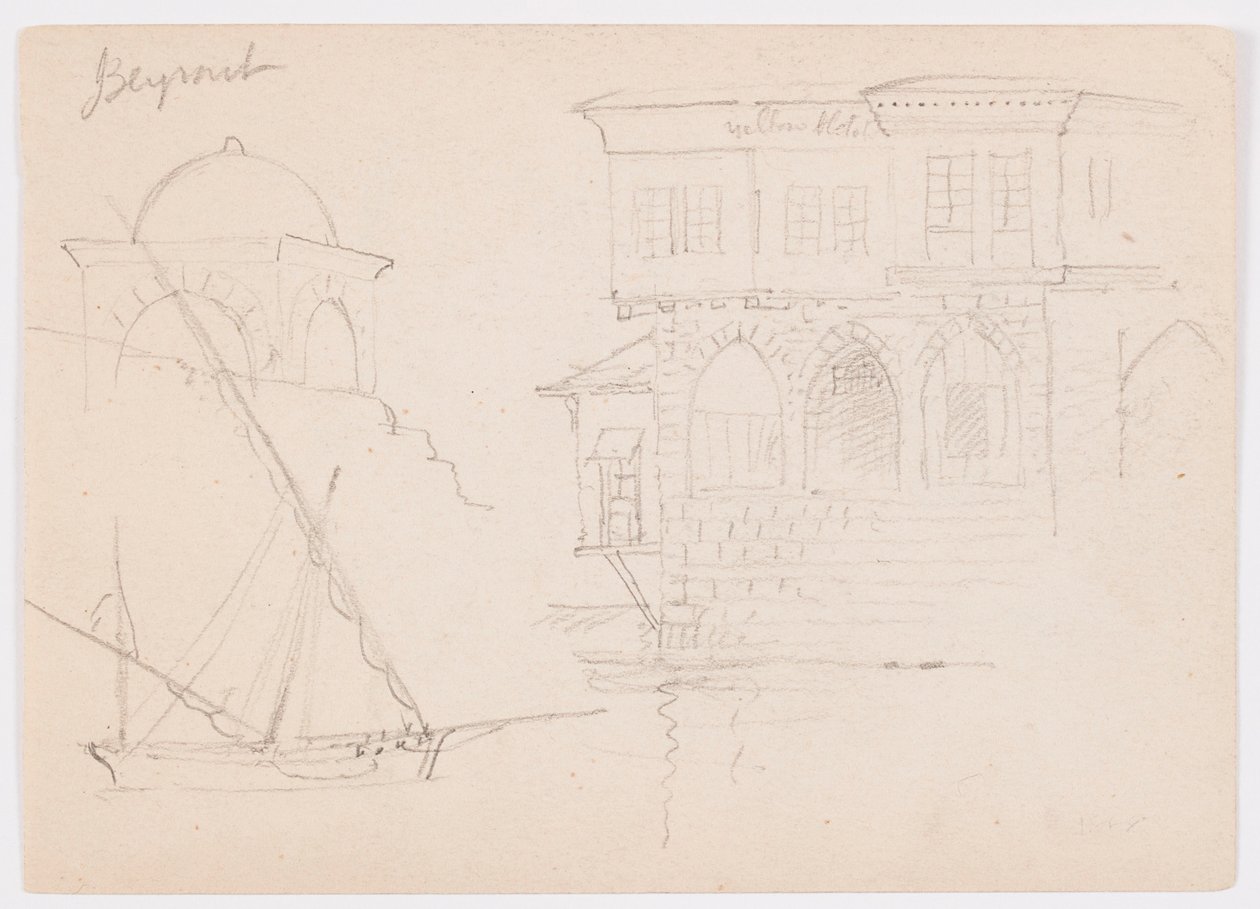 Tegning, Skitser af en kuppelbygning, et skib og et herskabshus, januar 1868 af Frederic Edwin Church