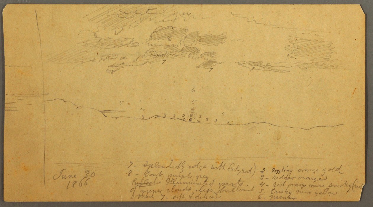 Tegning, Himmelstudie over højderyg, juni 1882 af Frederic Edwin Church