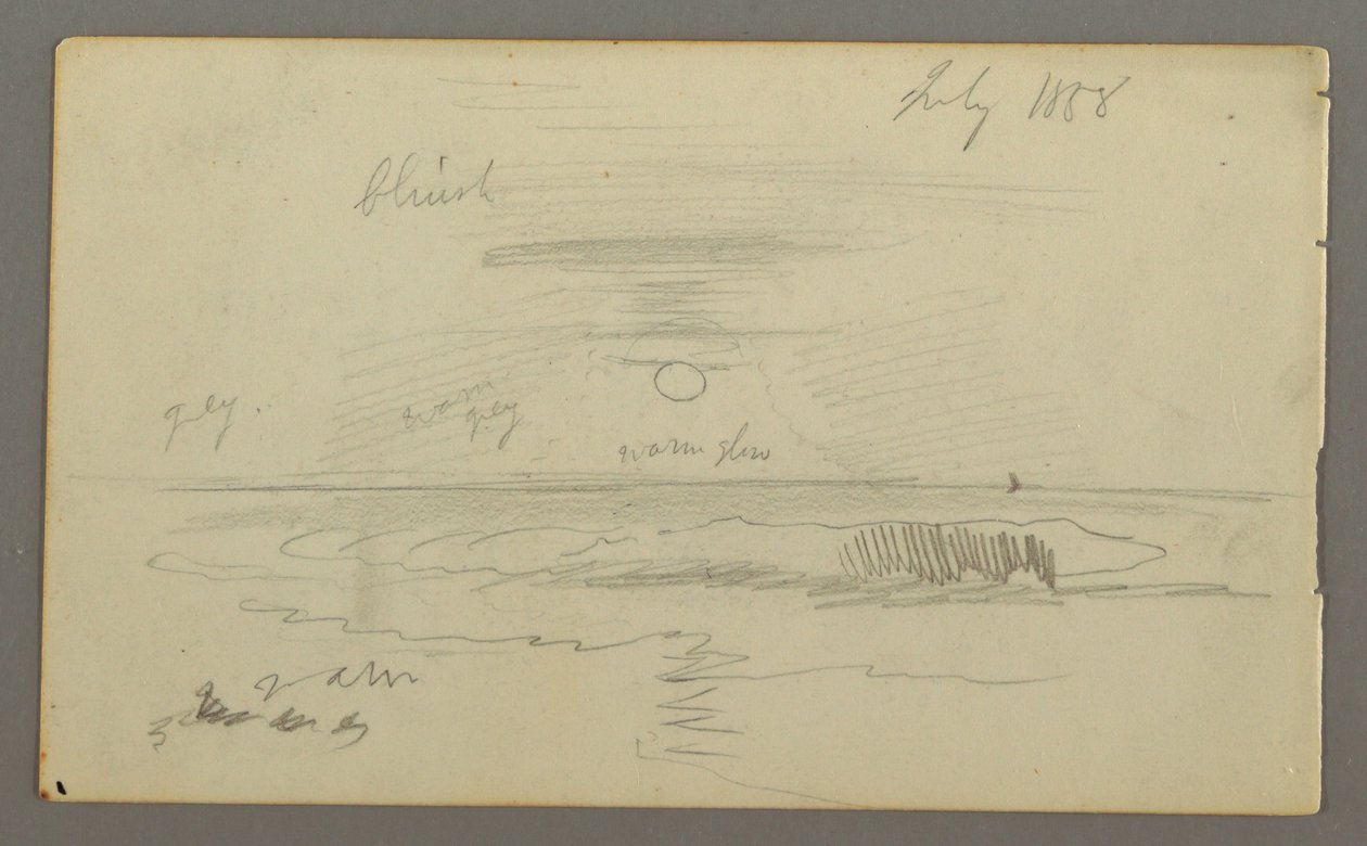 Tegning, Himmel med lav sol over vand, juli 1858 af Frederic Edwin Church