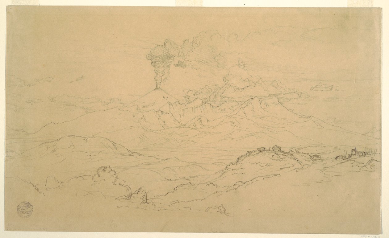 Tegning, Røg stiger op fra Cotopaxi-vulkanen, Ecuador, 1857 af Frederic Edwin Church