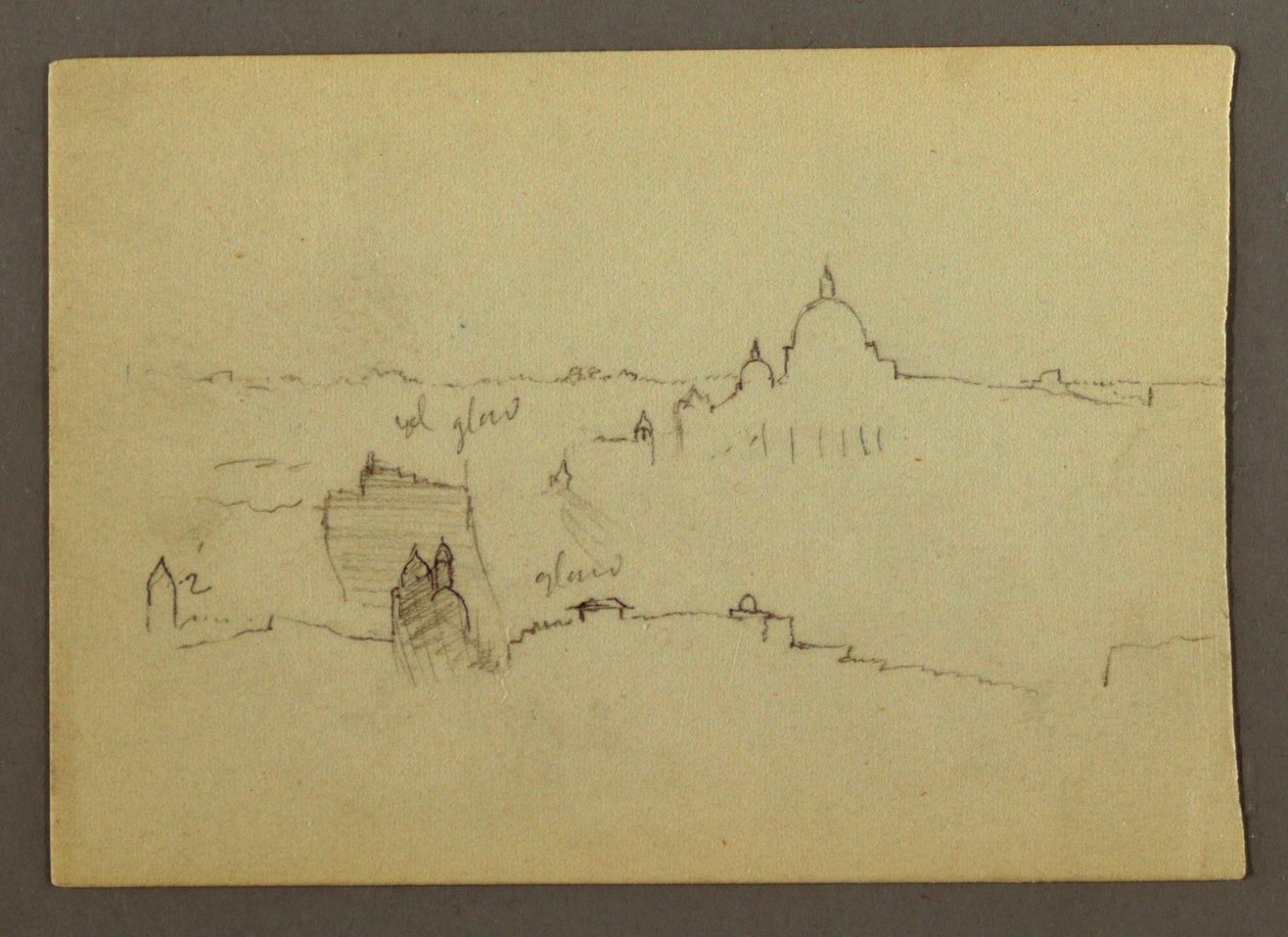 Tegning, Peterskirken set fra nord mod Roms bakker og skyline, januar 1869 af Frederic Edwin Church