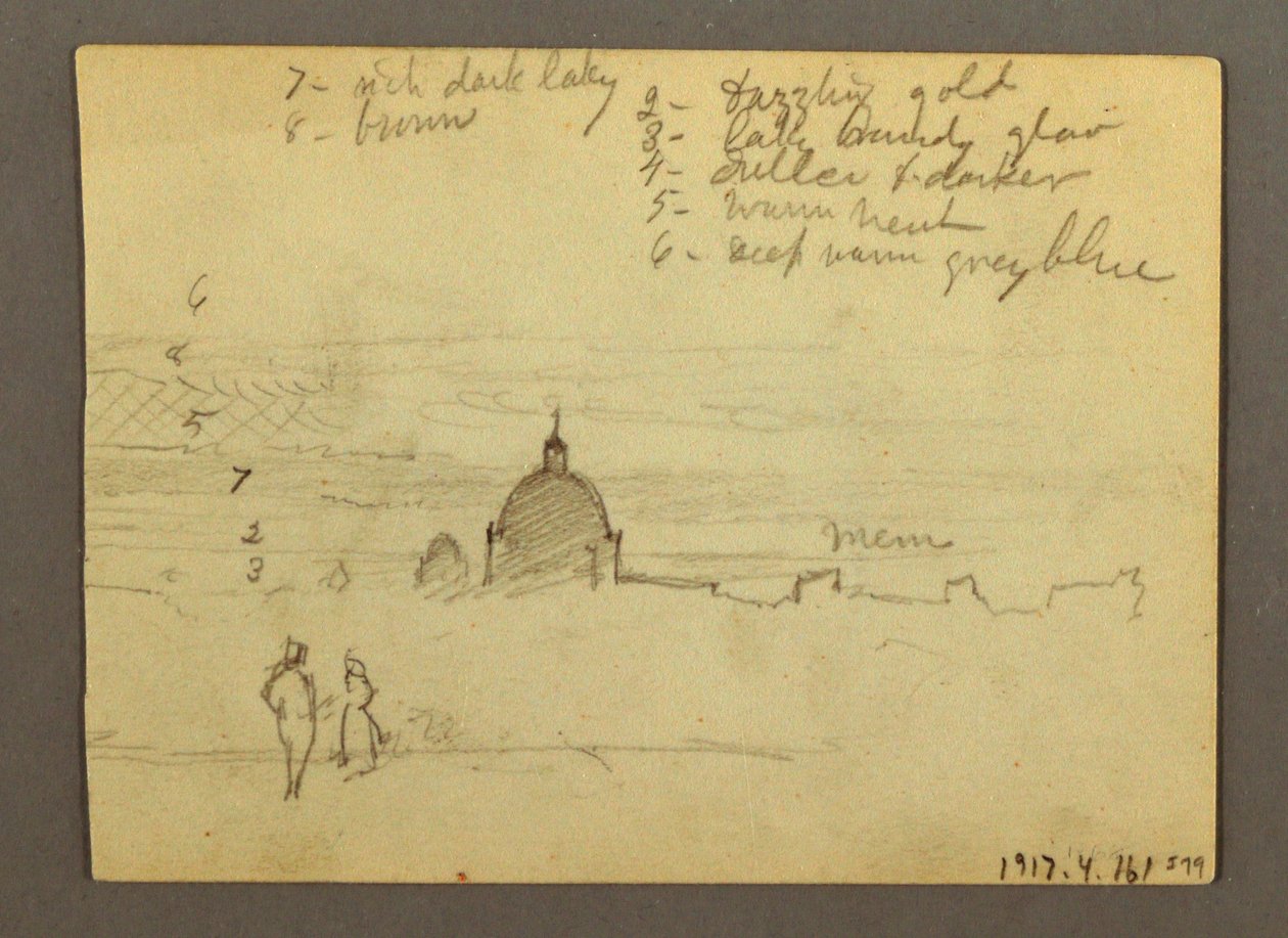 Tegning, Peterskirken og Vatikanstaten (set fra nord), Rom, Italien, januar 1869 af Frederic Edwin Church