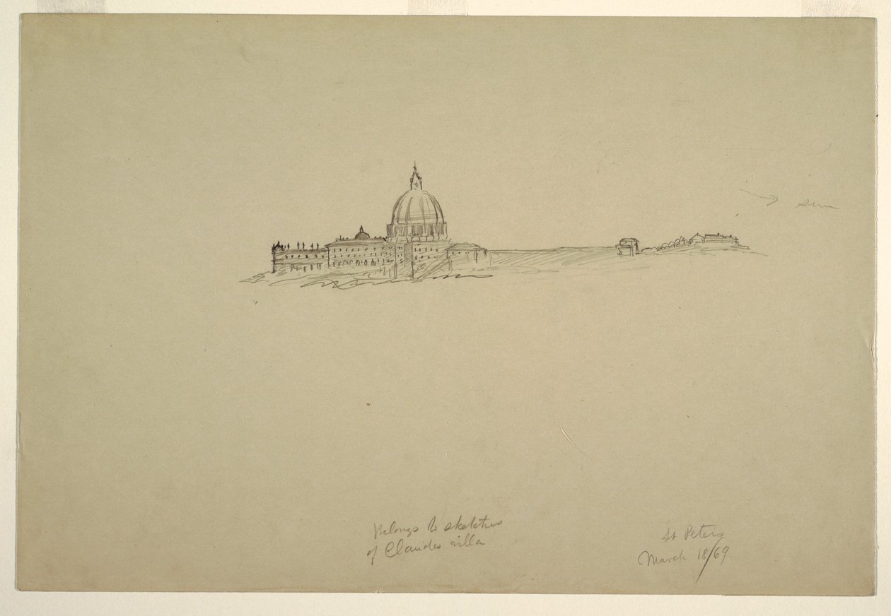 Tegning, Sankt Peters og Vatikanpaladset fra nordøst, 18. marts 1869 af Frederic Edwin Church