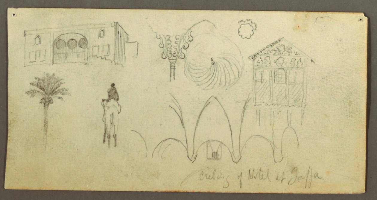 Tegning, Stately Home, figur ridende på kamel, arkitektoniske studier, palmetræ, muligvis 1868 af Frederic Edwin Church