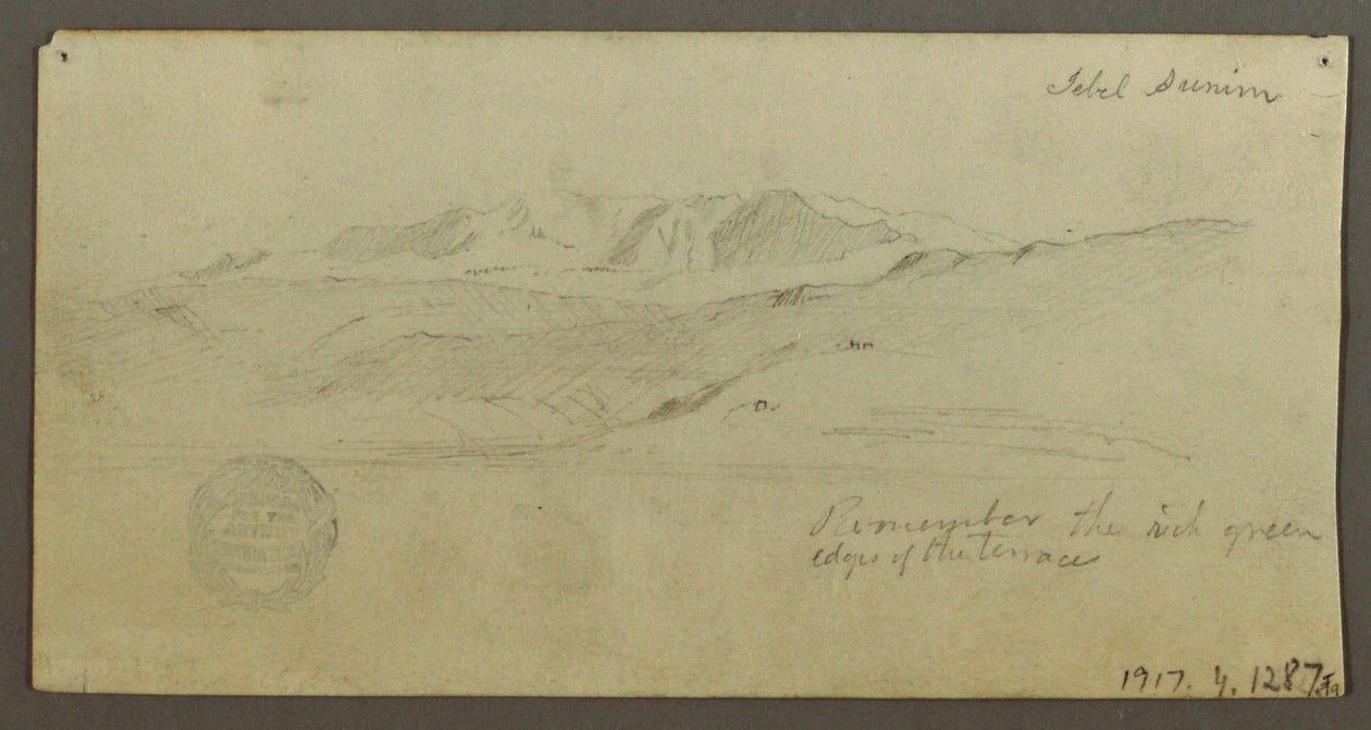 Tegning, Stately Home, figur ridende på kamel, arkitektoniske studier, palmetræ, muligvis 1868 af Frederic Edwin Church