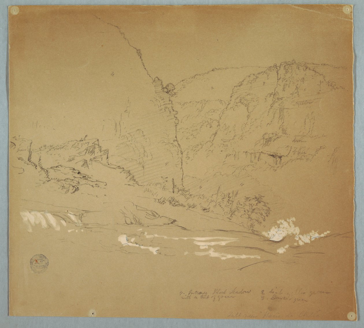 Tegning, vandløb, der fører til kanten af vandfaldet nær Hacienda Chillo, Ecuador, 26. juni 1857 af Frederic Edwin Church