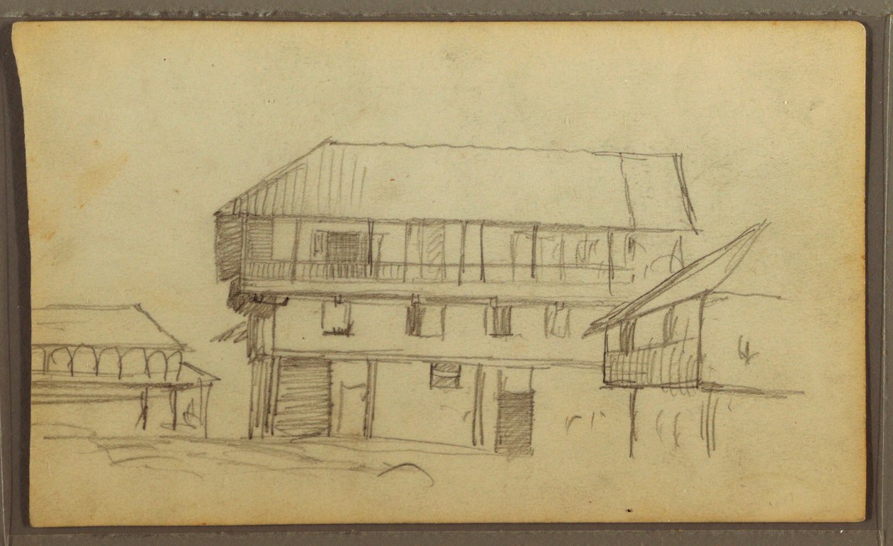 Tegning, gadehjørne i Guaquil, Ecuador; bagside: Botaniske skitser, hus, Ecuador eller Colombia, 1857 af Frederic Edwin Church