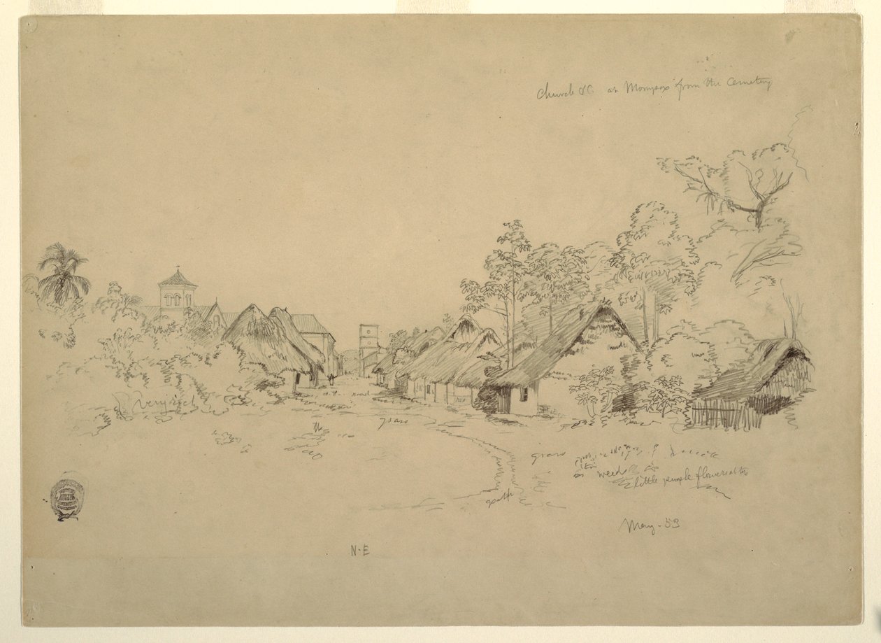 Tegning, gade i Mompos, Colombia, maj 1853 af Frederic Edwin Church