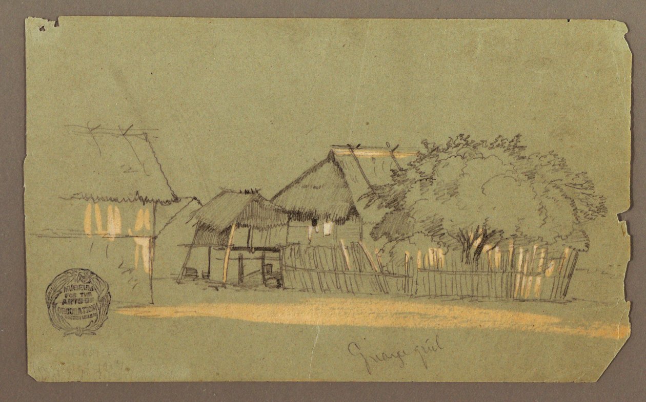 Tegning, gade med huse, Guayaquil, Ecuador, maj 1857 af Frederic Edwin Church