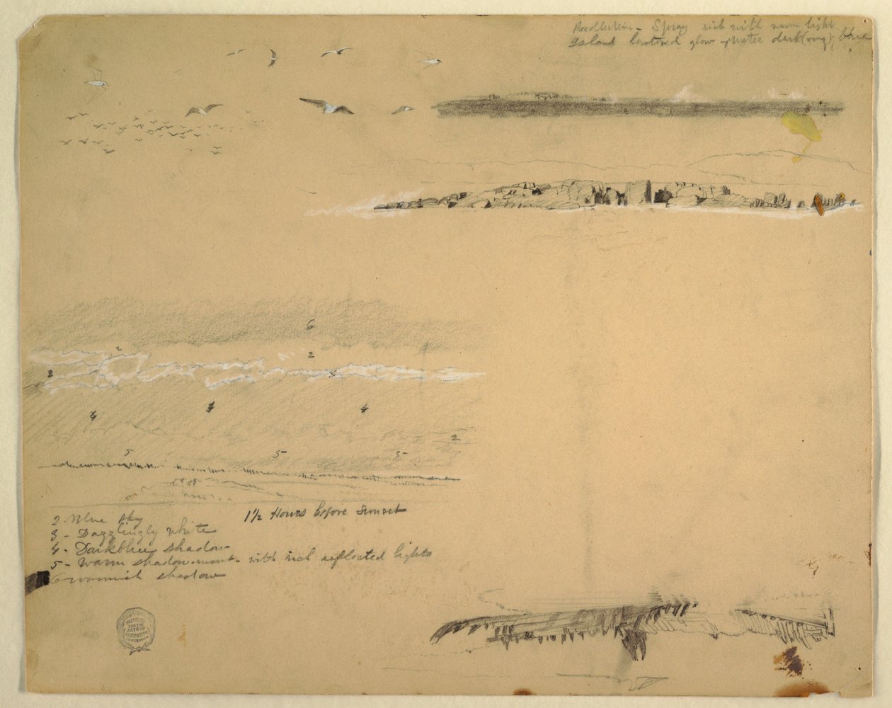 Tegning, studier af måger, klippekyst og overskyet himmel, Great Manan, Canada, september 1851 af Frederic Edwin Church