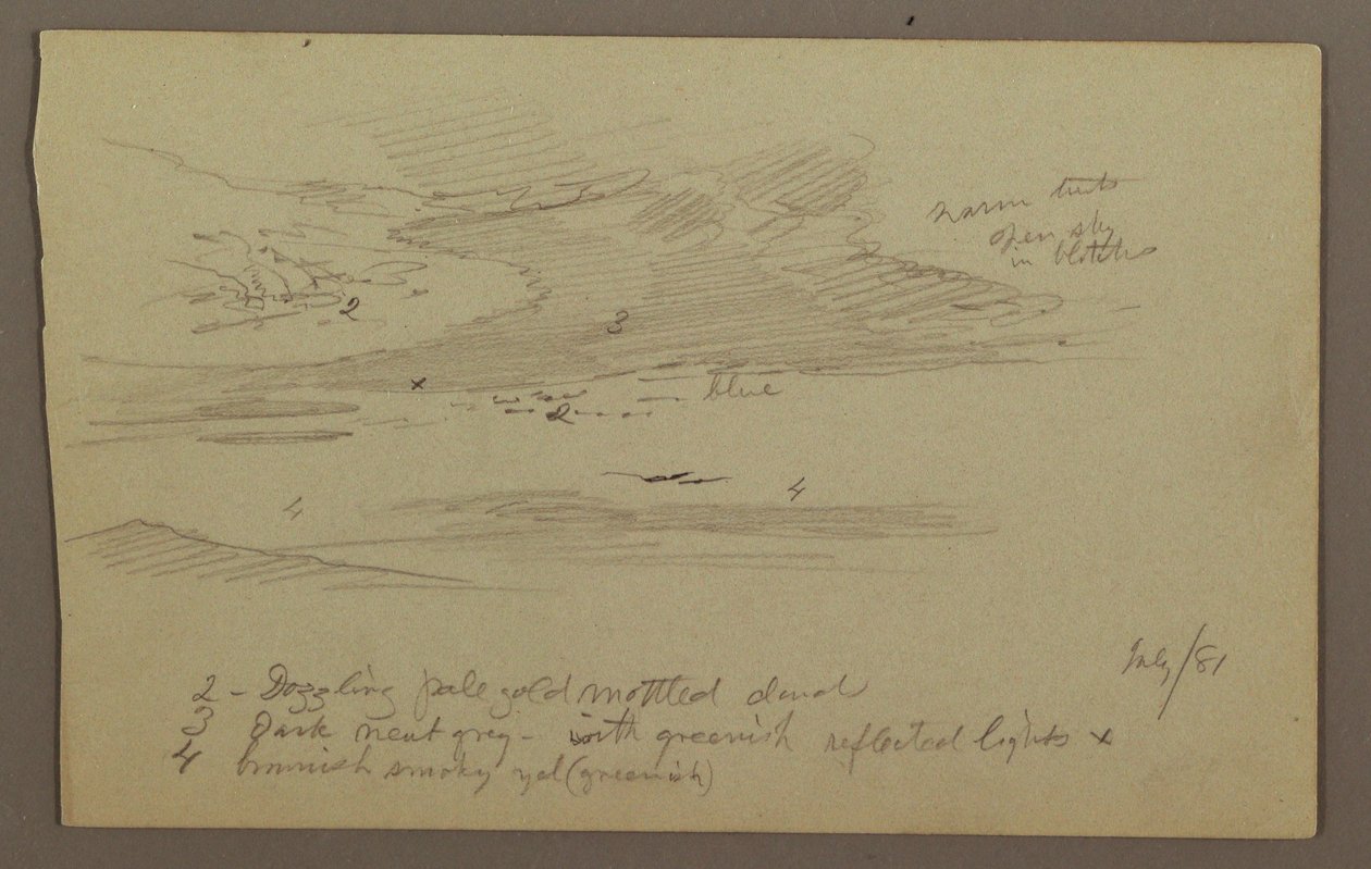 Tegning, topmøde og himmel, juli 1881 af Frederic Edwin Church