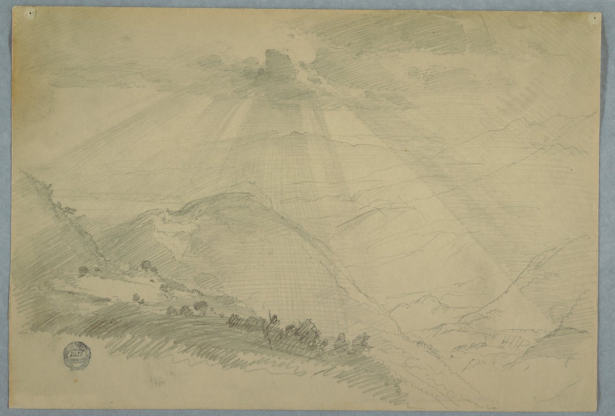 Tegning, solen bryder gennem skyerne over en bjergdal, Jamaica, juli 1865 af Frederic Edwin Church