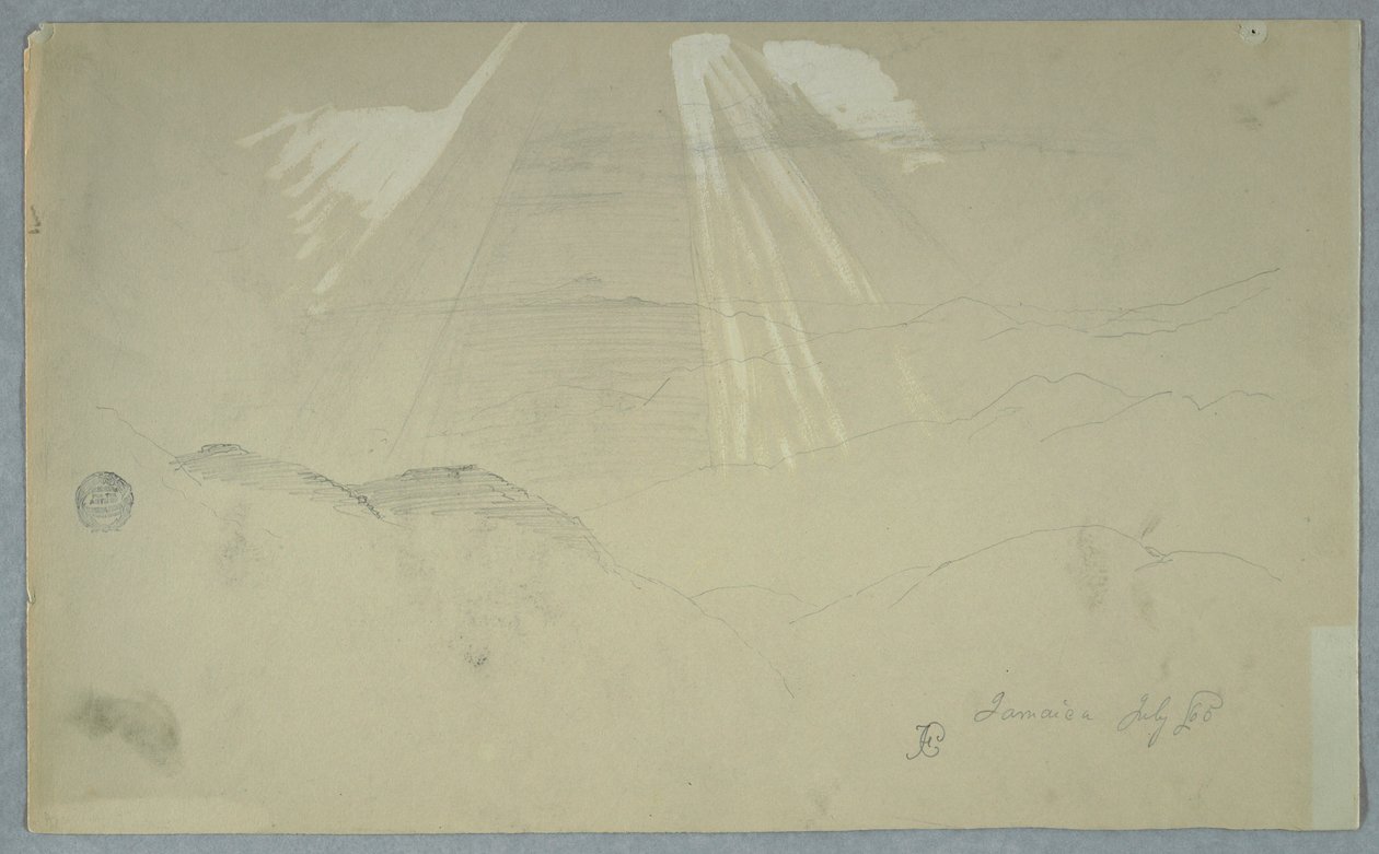 Tegning, solstråler, der skinner fra oven, Jamaica, juli 1865 af Frederic Edwin Church