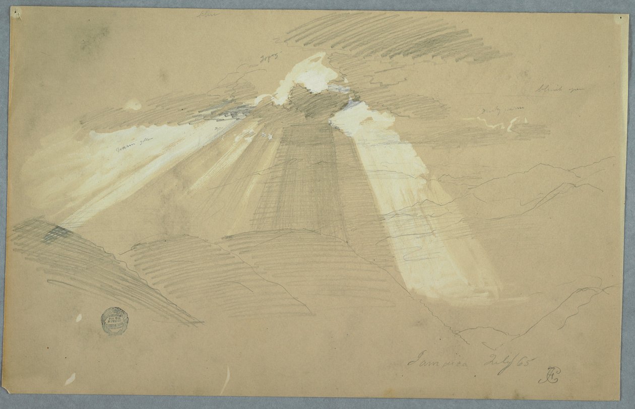 Tegning, solen skinner gennem skyerne, Jamaica, juli 1865 af Frederic Edwin Church