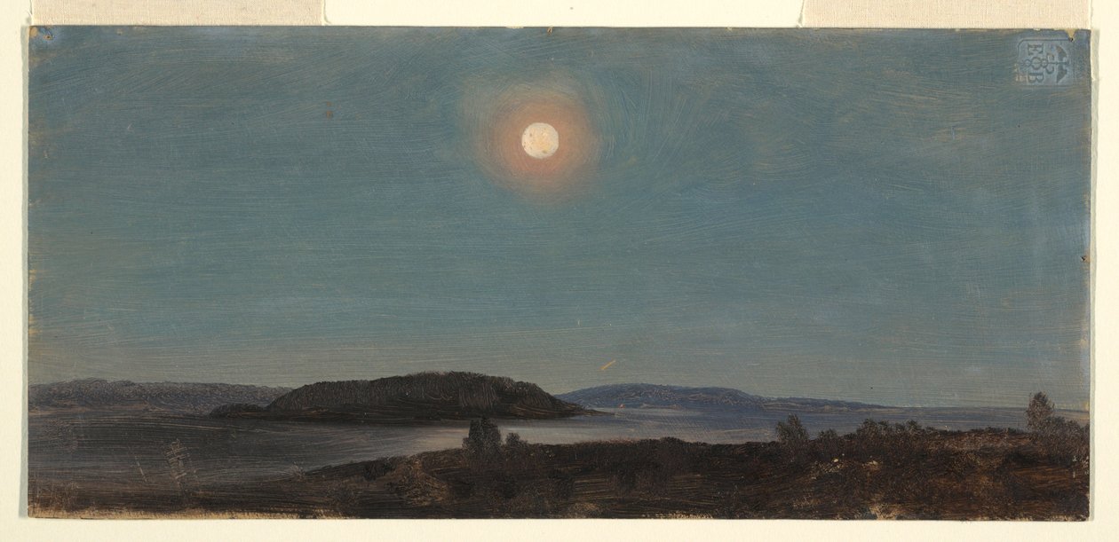 Tegning, Solen eller månen står op over Porcupine Islands, Bar Harbor, ca. 1860 af Frederic Edwin Church