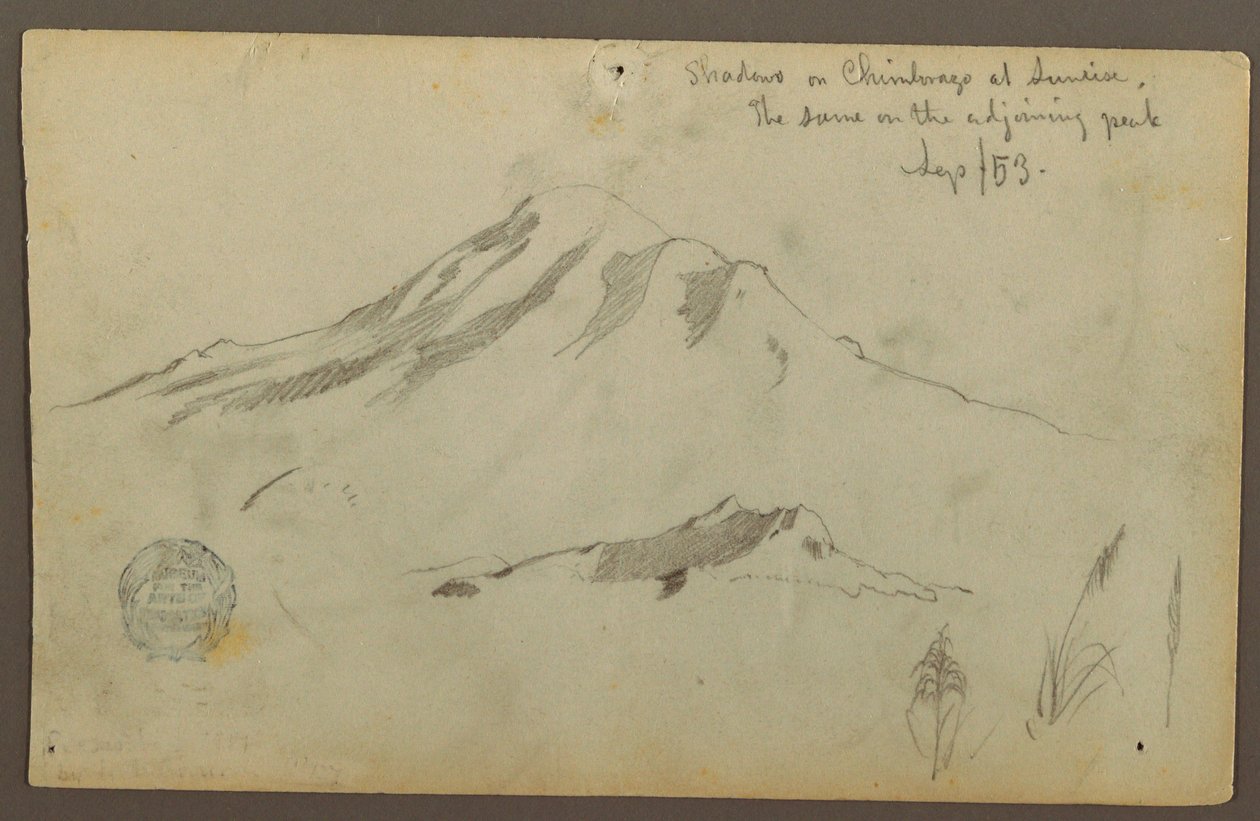 Tegning, Solopgang på Chimborazo-bjerget og tre detaljer af græs, september 1853 af Frederic Edwin Church