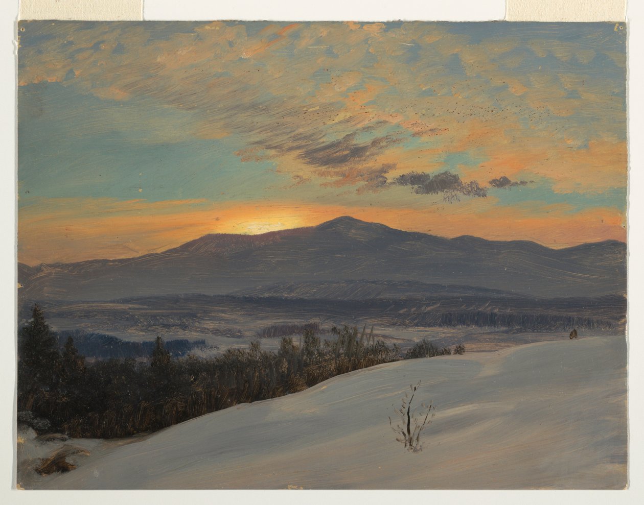 Tegning, Solnedgang over Hudson Valley, vinter, 1870-80 af Frederic Edwin Church