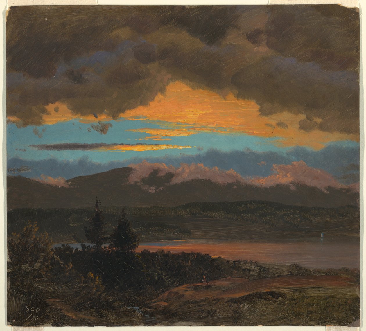 Tegning, Solnedgang over Hudson Valley, New York, september 1870 af Frederic Edwin Church