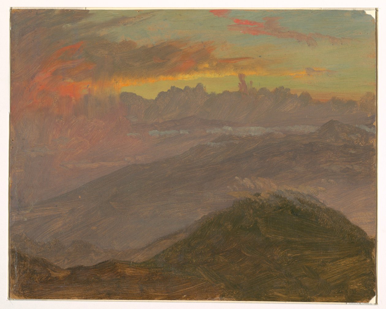 Tegning, Solnedgang og bjerge, juli 1865 af Frederic Edwin Church