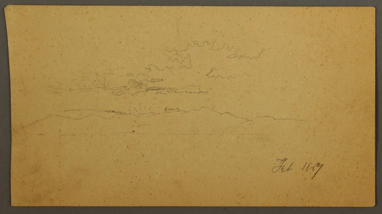 Tegning, Solnedgang bag bakker, februar 1867 af Frederic Edwin Church