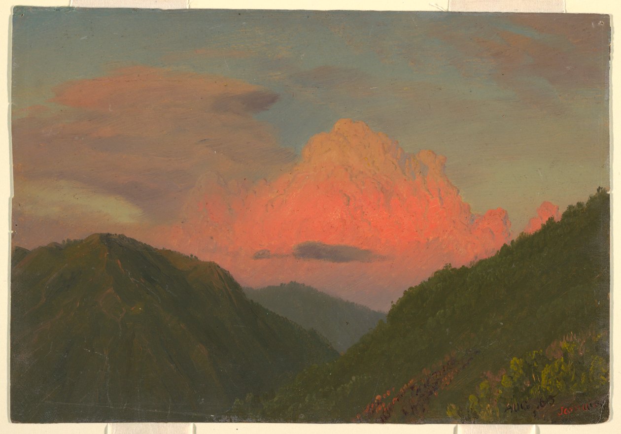 Tegning, Solnedgang over bakketoppe, Jamaica, Vestindien, august 1865 af Frederic Edwin Church