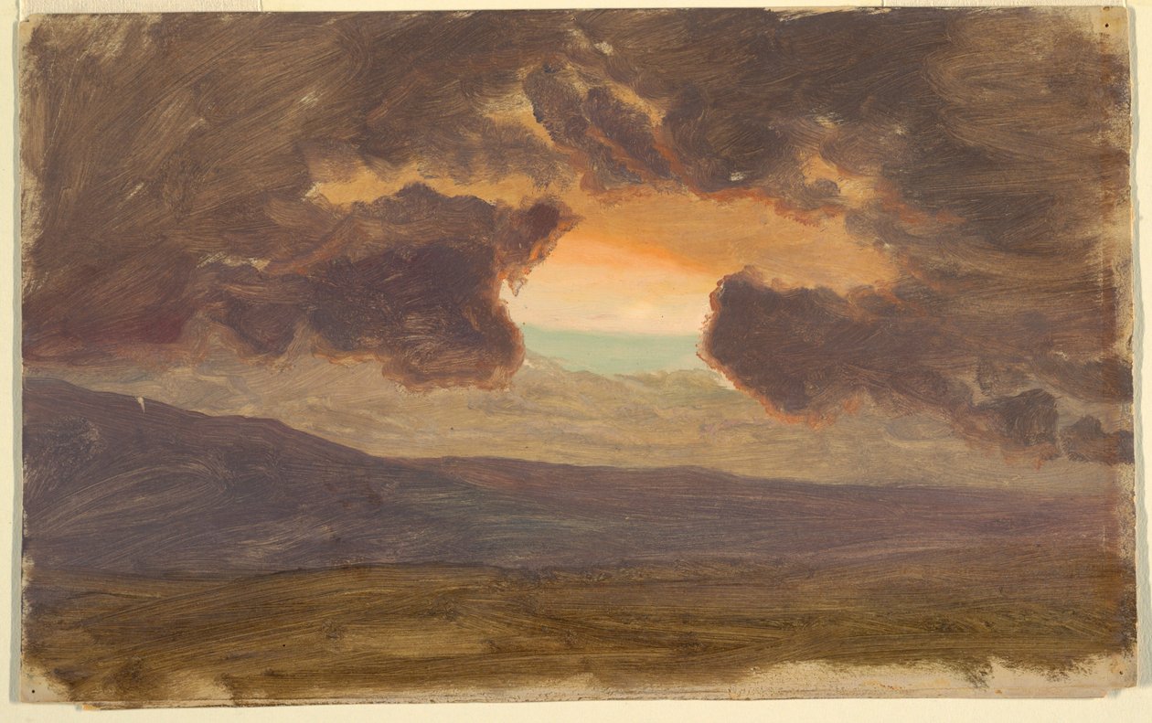 Tegning, Solnedgang over nøgne bakker, 1870-80 af Frederic Edwin Church