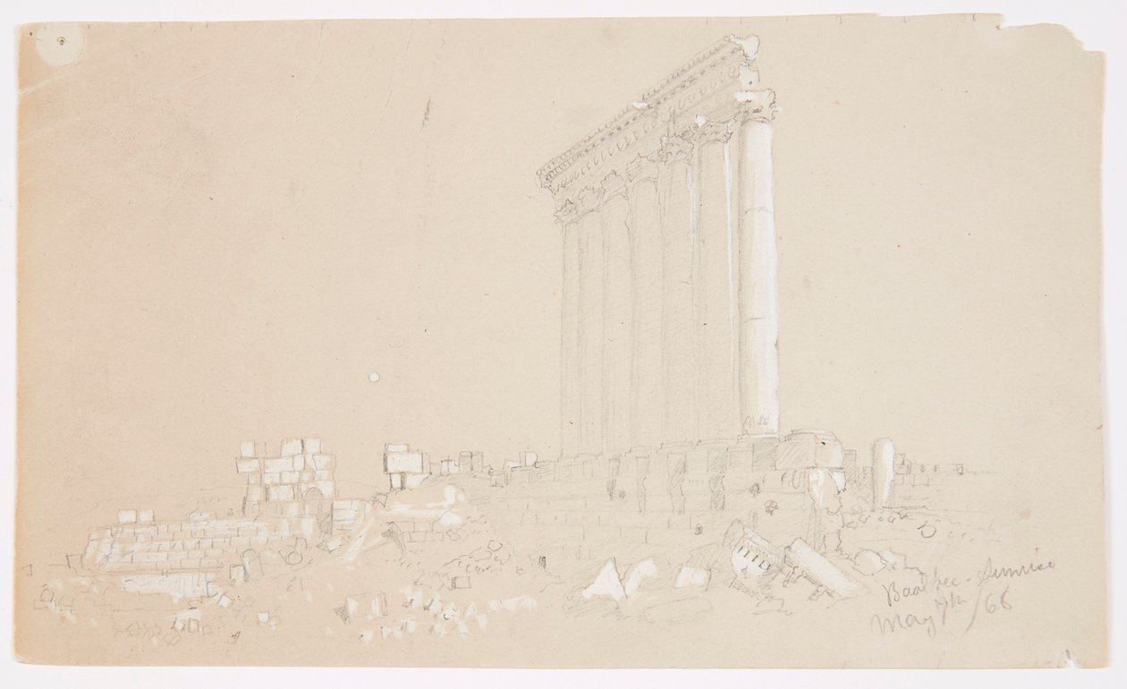 Tegning, Jupiter-templet ved solopgang, Baalbek, 7. maj 1868 af Frederic Edwin Church