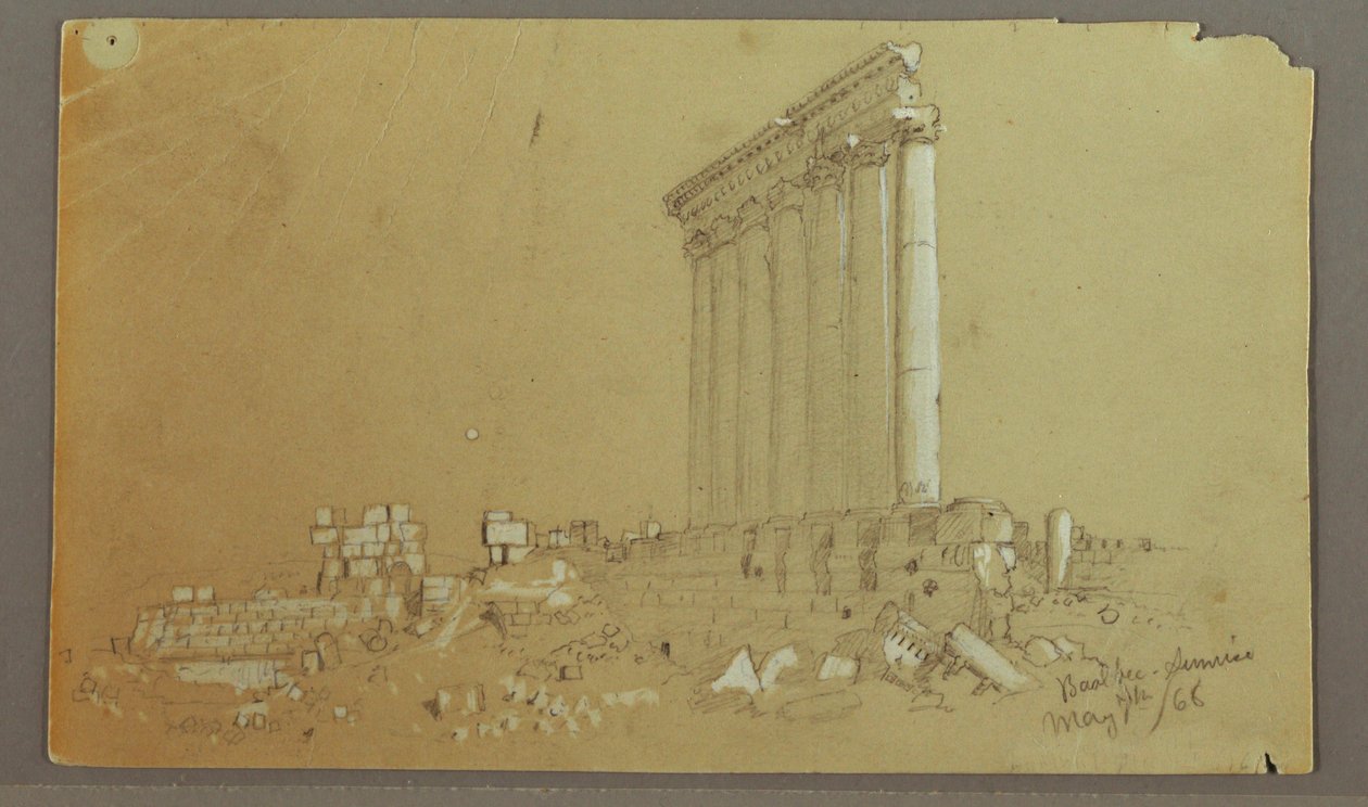 Tegning, Jupiter-templet ved solopgang, Baalbek, 7. maj 1868 af Frederic Edwin Church