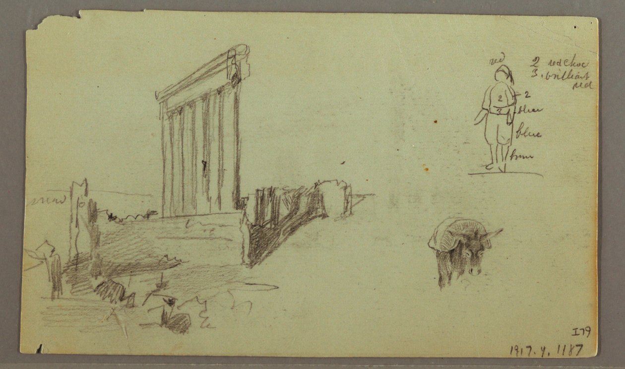 Tegning, Jupiter-templet ved solopgang, Baalbek, 7. maj 1868 af Frederic Edwin Church