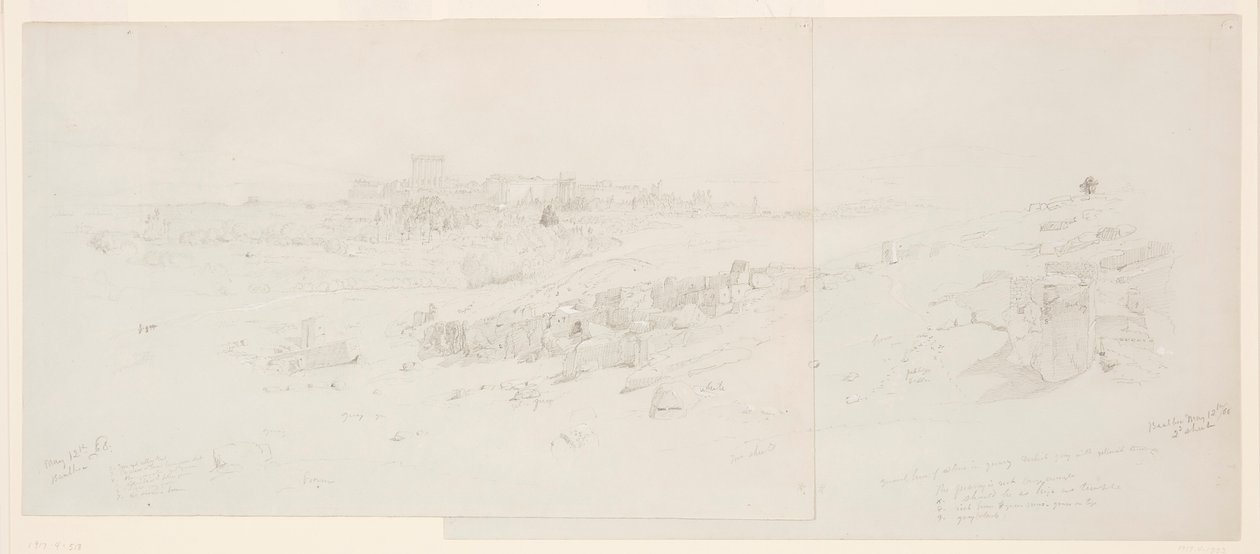 Tegning, Templer om morgenen, Baalbek, 12. maj 1868 af Frederic Edwin Church