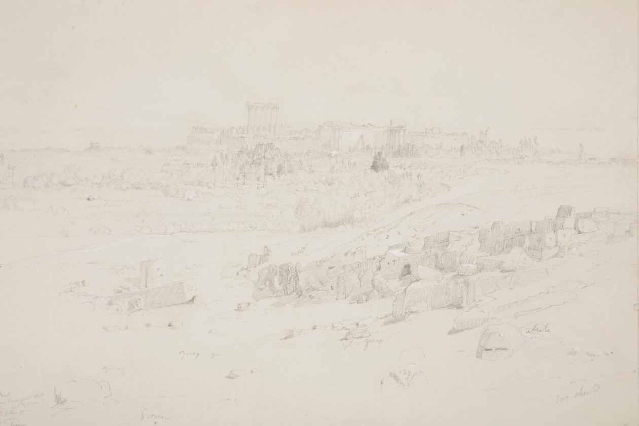 Tegning, Templer om morgenen, Baalbek, 12. maj 1868 af Frederic Edwin Church