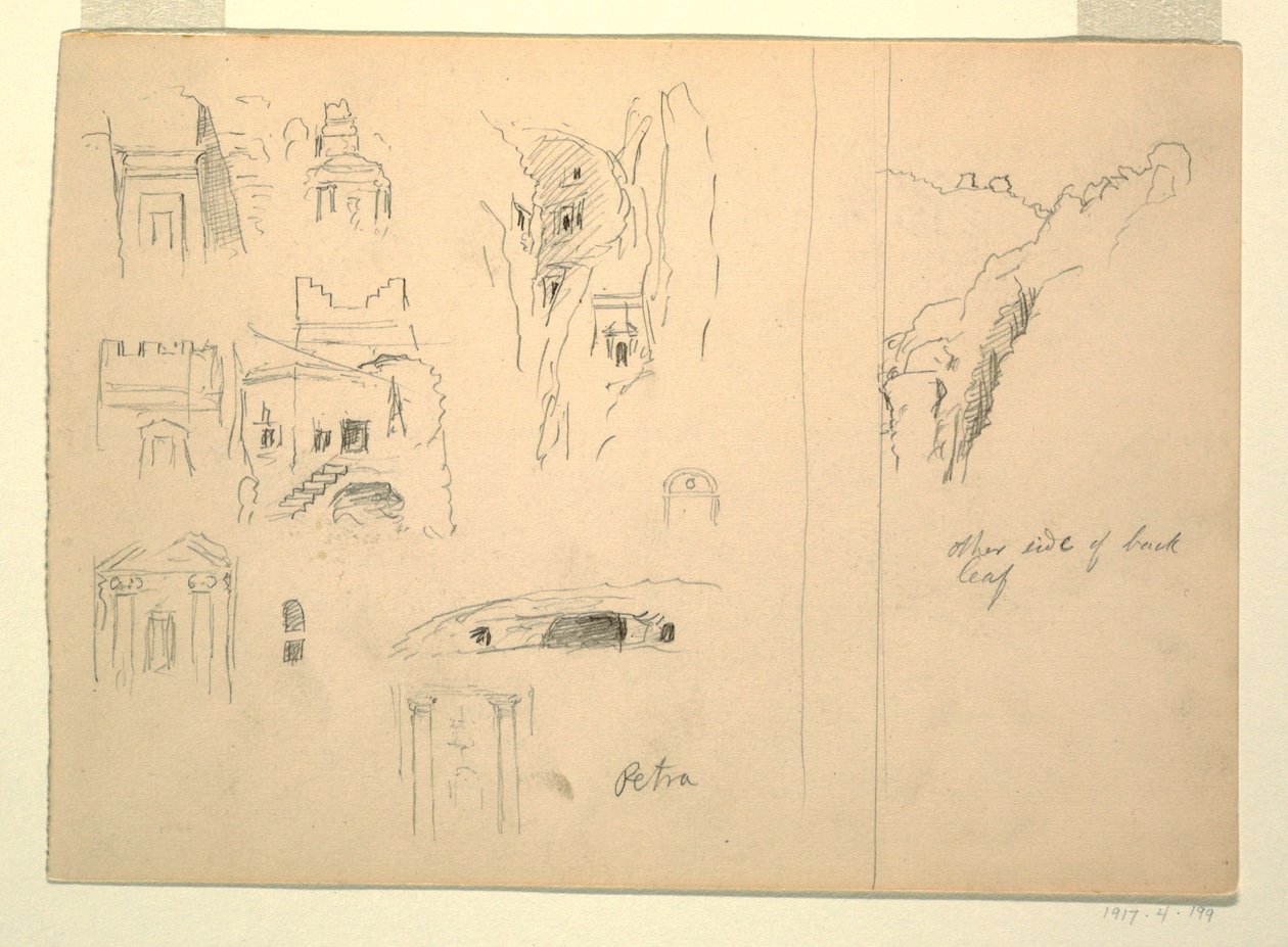 Tegning, Ti studier af grave og en udsigt over klipper, Petra, Jordan, 26. februar 1868 af Frederic Edwin Church
