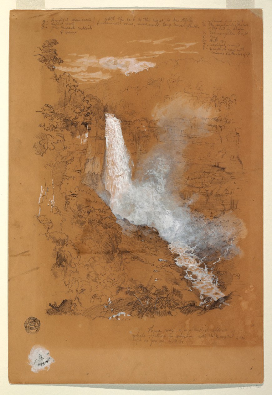 Tegning, Tequendama-vandfald nær Bogotá, Colombia, juli 1853 af Frederic Edwin Church