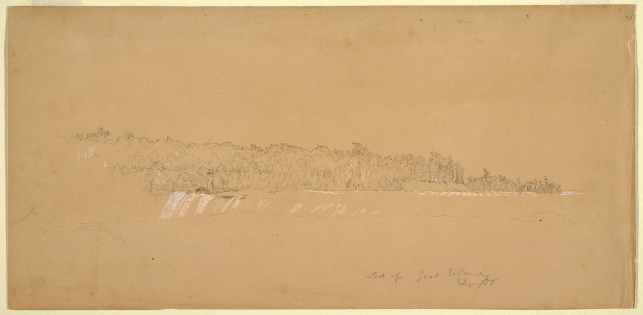 Tegning, Terrapin Rocks amp; den østlige del af Goat Island fra den canadiske bred, august 1858 af Frederic Edwin Church