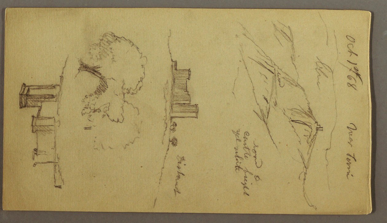 Tegning, Tre studier af et slot på en bakketop, 1. oktober 1868 af Frederic Edwin Church