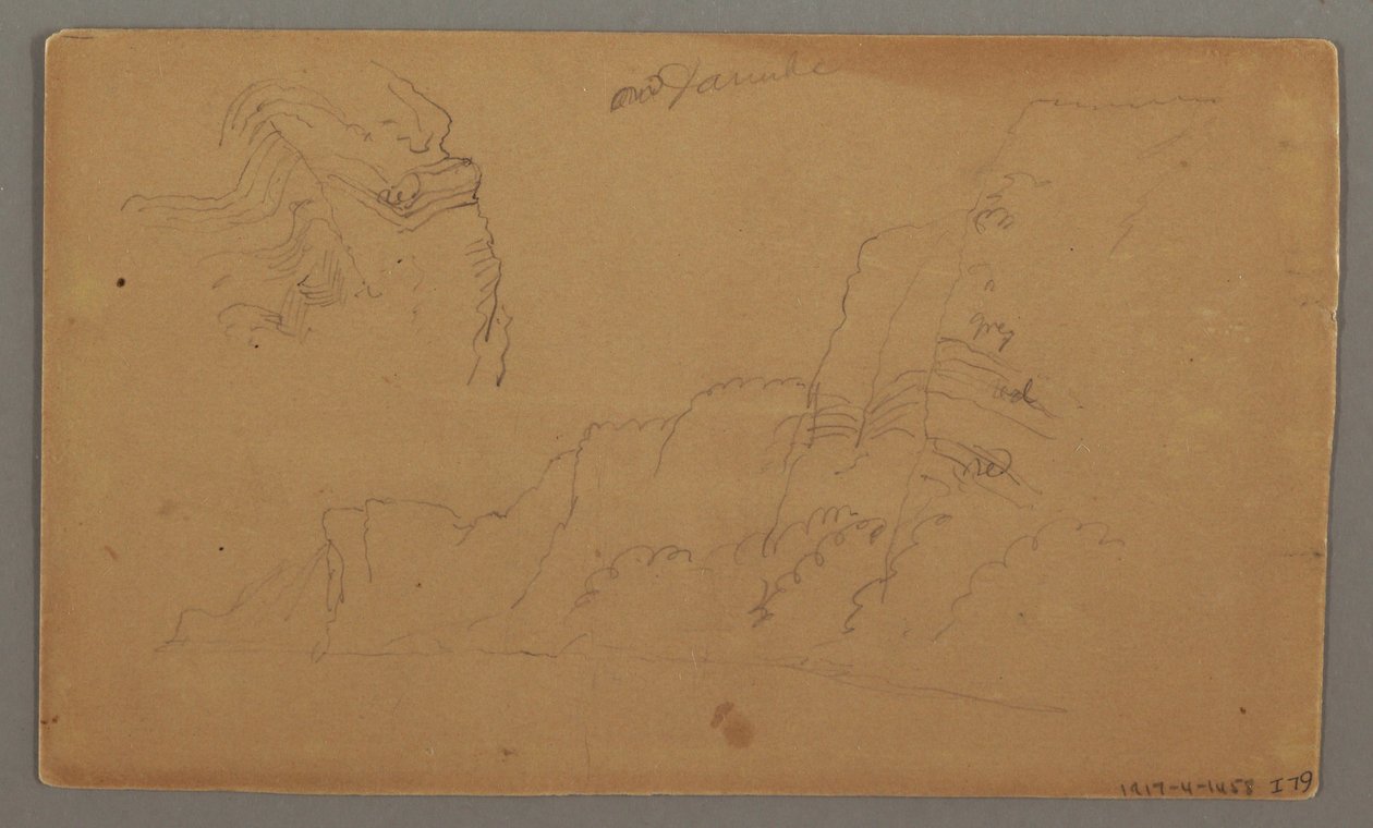 Tegning, træhus, to sejlbåde, tagstudier, muligvis 1868 af Frederic Edwin Church