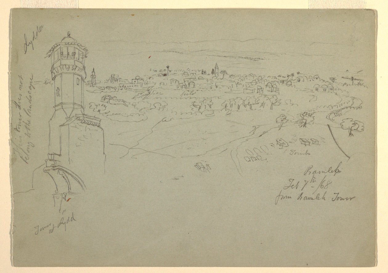 Tegning, tårnet ved Lydda og Ramleh set fra Ramleh-tårnet, Palæstina [Ramleh, Israel], 7. og 10. februar 1868 af Frederic Edwin Church