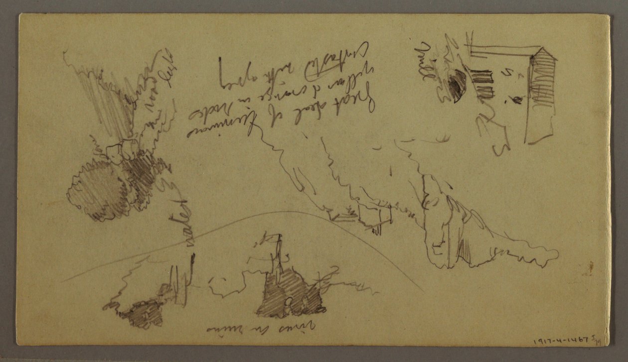 Tegning, By under en bjergtop, by på en bakketop, muligvis 1868-69 af Frederic Edwin Church