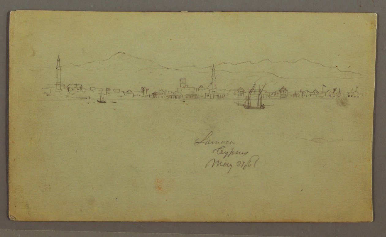 Tegning, By ved kysten, bjergkæde bagved, 27. maj 1868 af Frederic Edwin Church