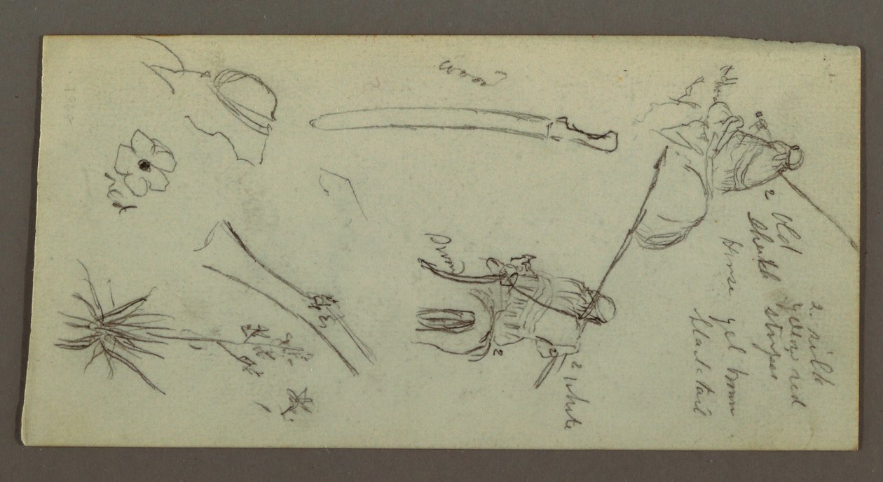 Tegning, To figurer ridende på heste, bærende spyd, sværd, nederste del af en pistol, etc., muligvis 1868 af Frederic Edwin Church