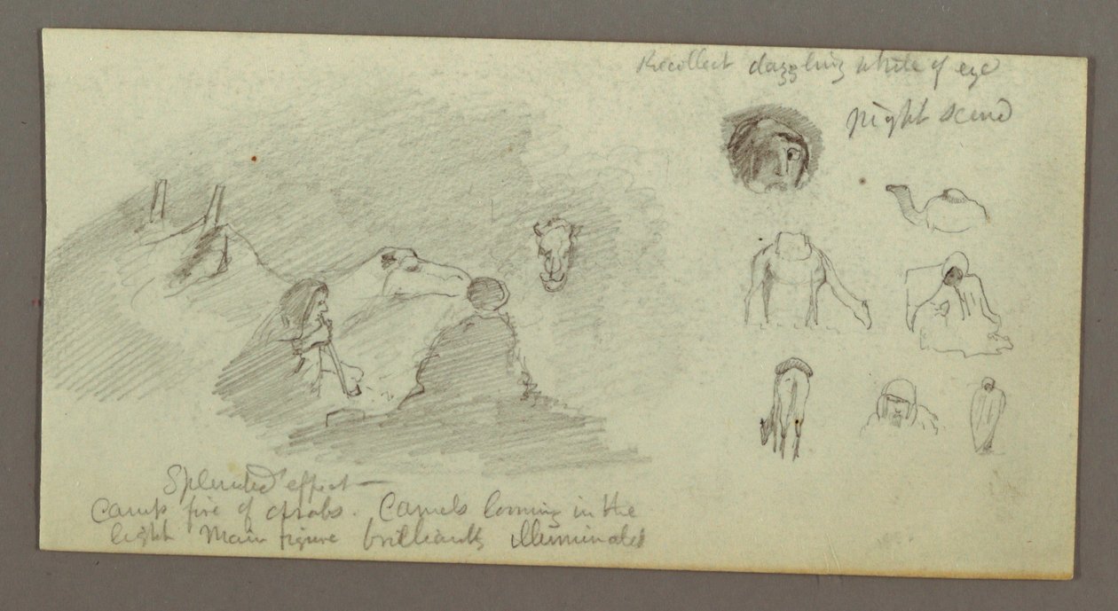 Tegning, To figurer og to kameler ved lejrbål, Figur- og kamelstudier, muligvis 1868 af Frederic Edwin Church