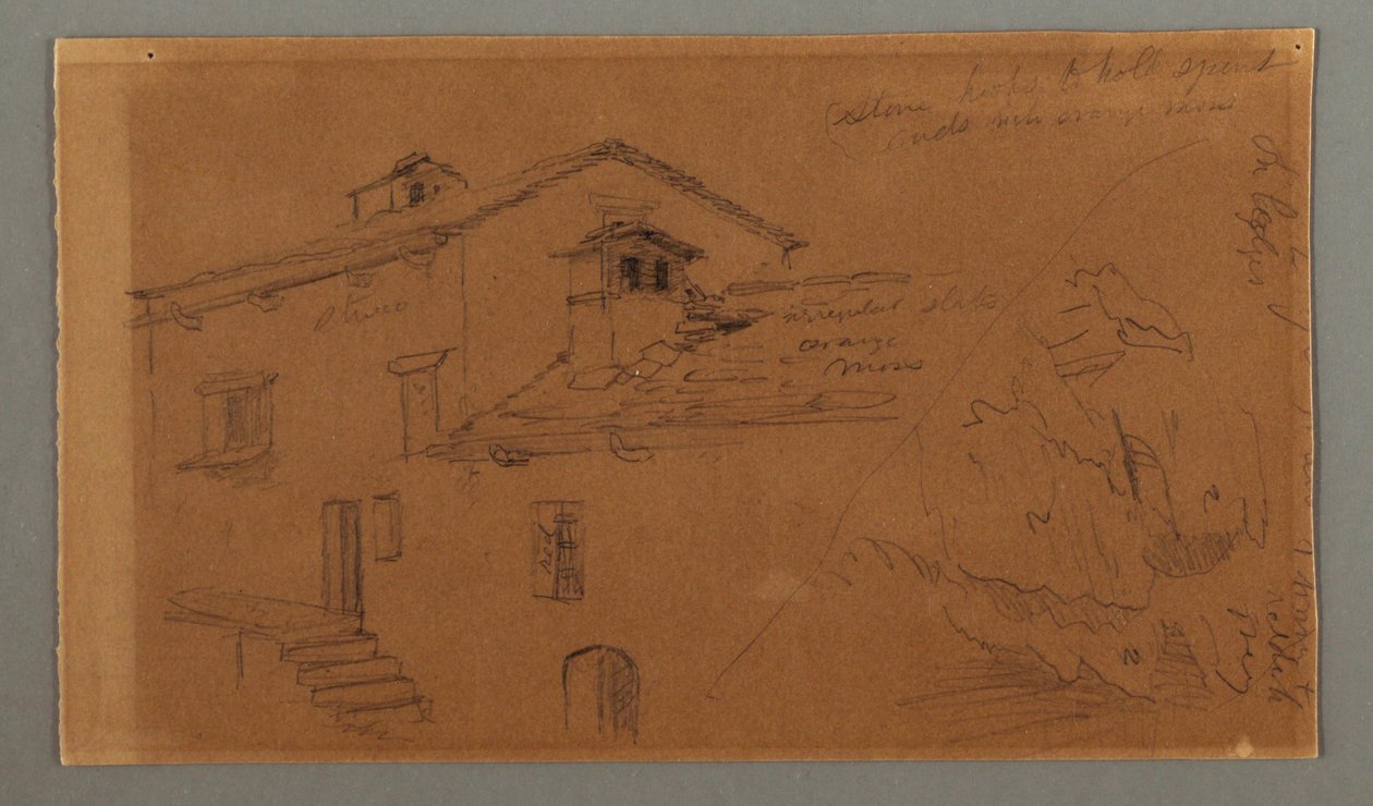 Tegning, To huse, klippe, muligvis 1868 af Frederic Edwin Church