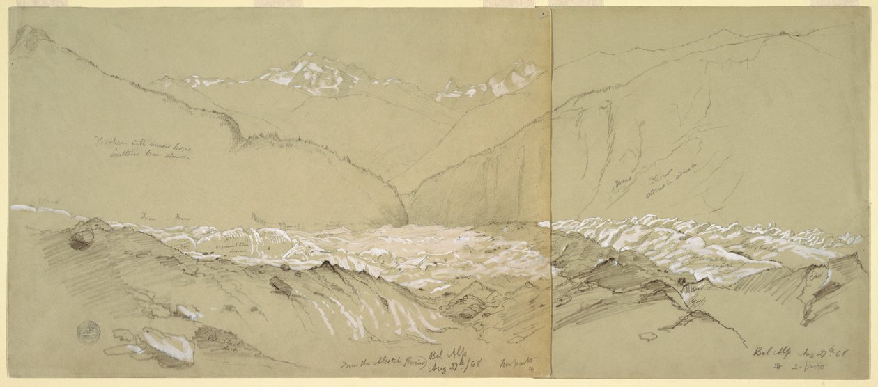 Tegning, Øvre Aletsch-gletsjer med det store Fusshorn, 1868 af Frederic Edwin Church
