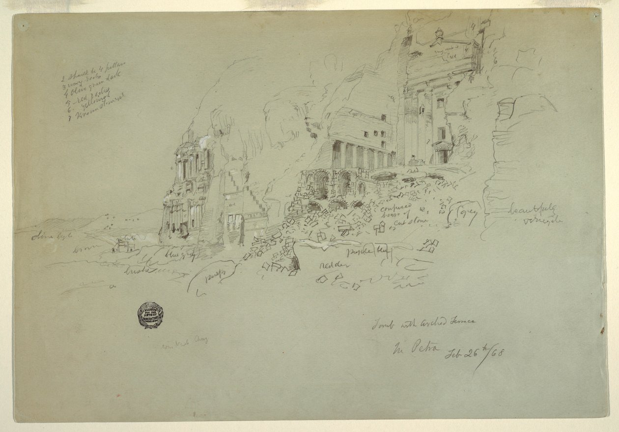 Tegning, urnegrav, silkegrav og korintisk grav, Petra, 26. februar 1868 af Frederic Edwin Church