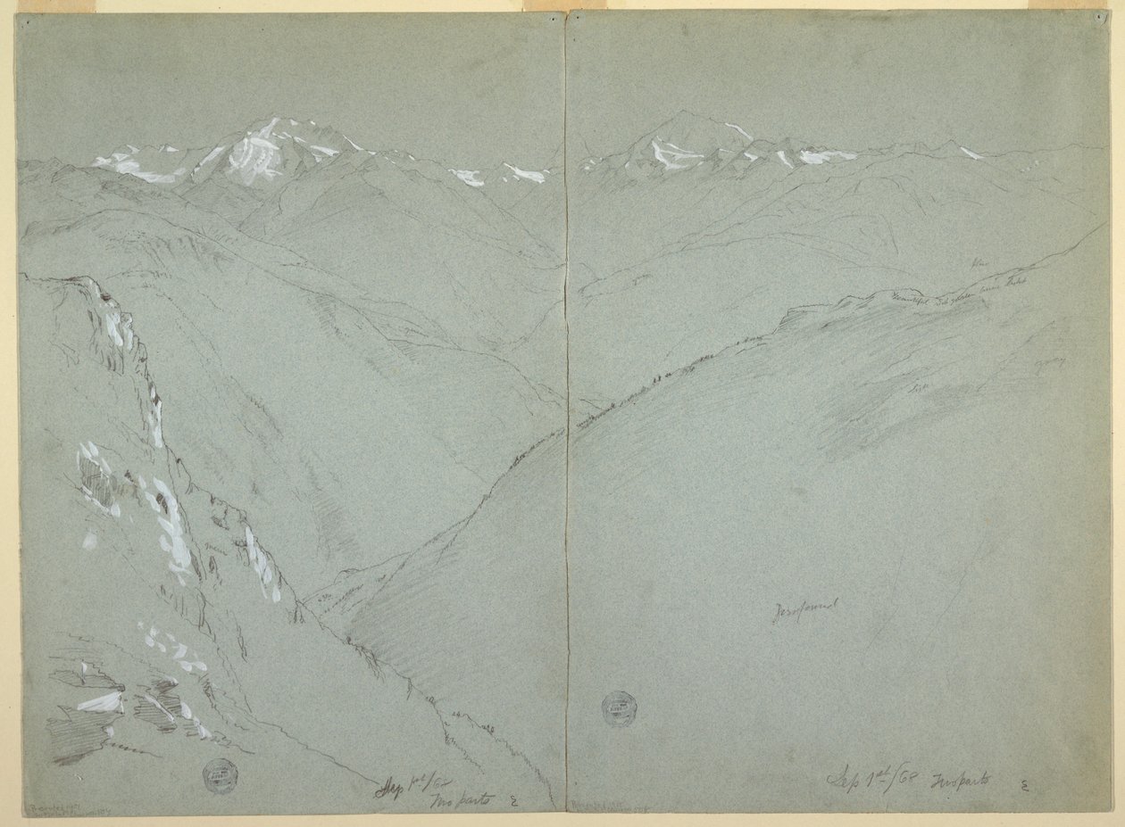 Tegning, dallandskab med sneklædte toppe, Berner Alperne, Schweiz, del 1, 1. september 1868 af Frederic Edwin Church