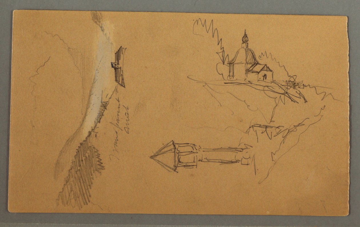 Tegning, Dal, Tårn, Kirke, muligvis 1868 af Frederic Edwin Church